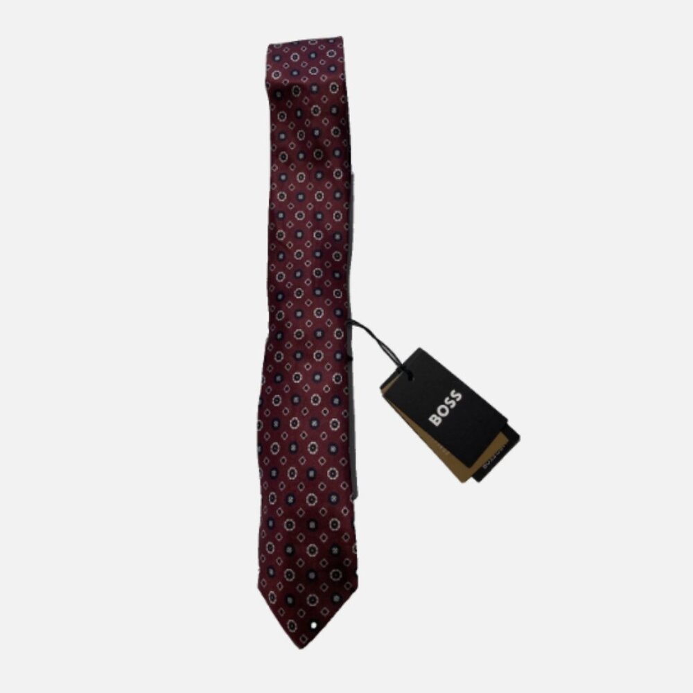 NEW Mens Italy Made Hugo Boss Neck Tie Silk Dark Red Geometric MSRP $118